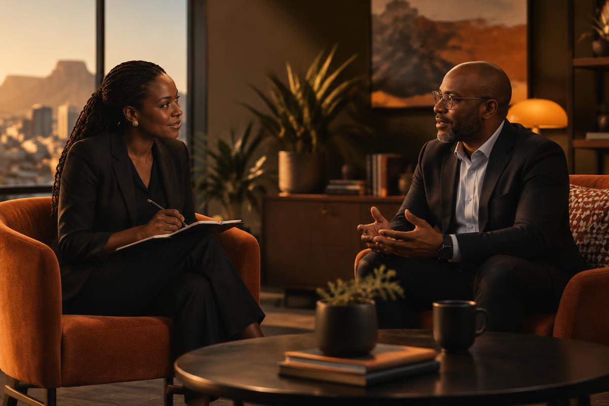 An HR consultant and a hiring manager in conversation across a table